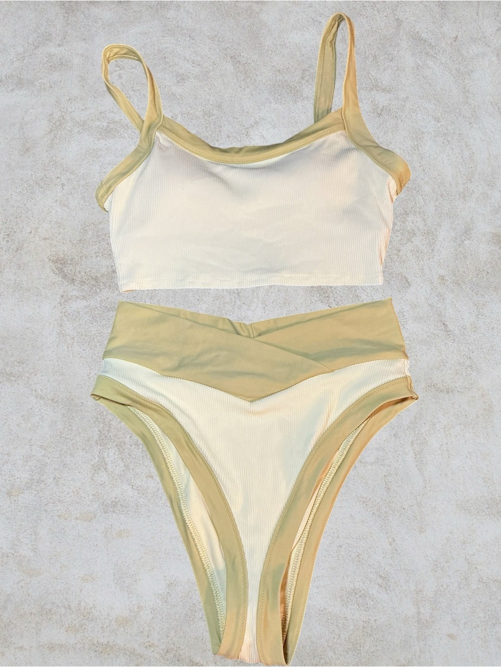 Cream & Light Green Ribbed bikini Set